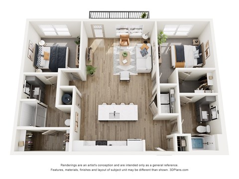 A top-down view of a modern apartment layout with a kitchen, living room, and two bedrooms.